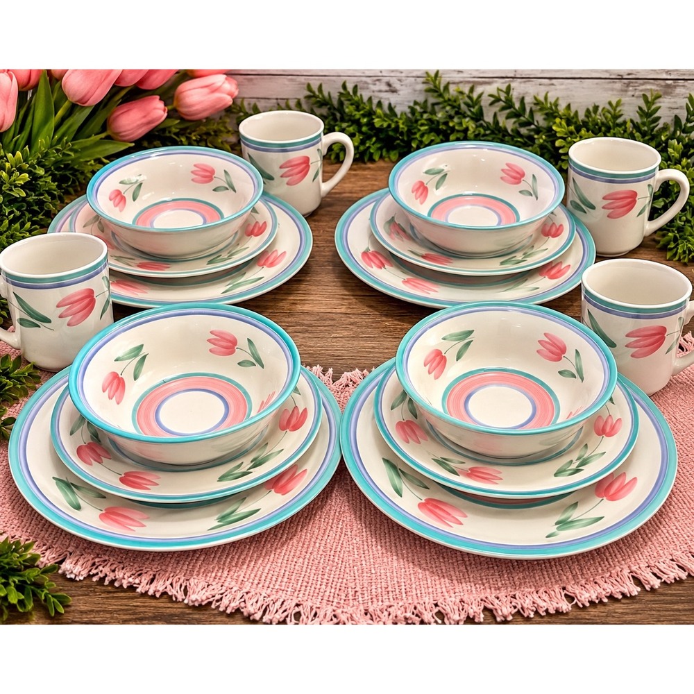 Ranmaru Dancing Stoneware 16pc Dinnerware Set Service for 4 Pink Tulip Japan